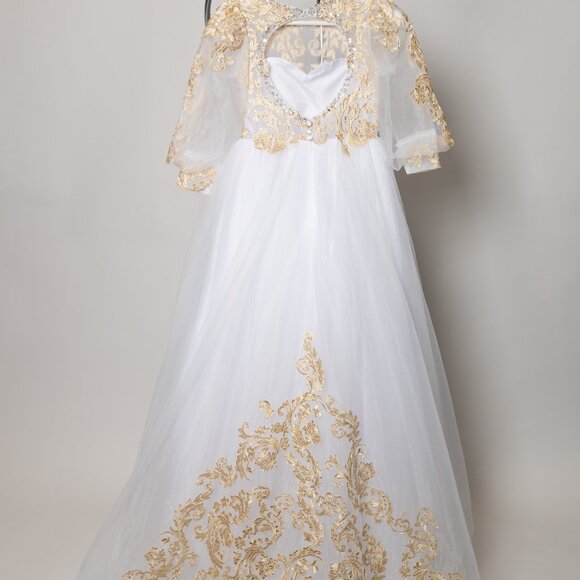 Bishop Sleeves Keyhole Back Gold Lace Applique Communion Flower Girl Dress